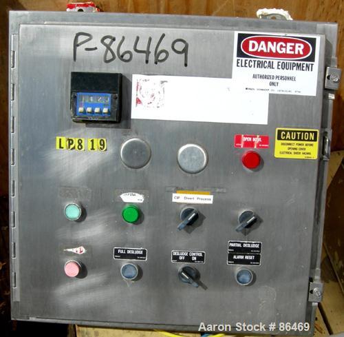 USED: Westfalia MSB200-01-076 desludger disc centrifuge. 316 stainless steel construction on product contact areas. Max bowl speed 4700 rpm, separator design, light phase and heavy phase centripetal ...