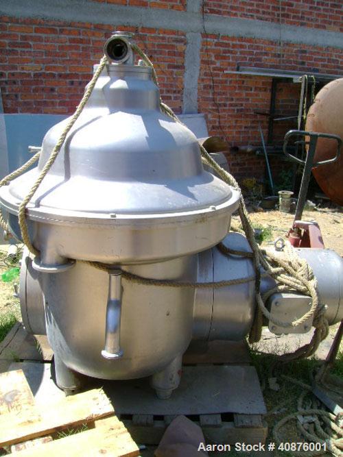 Used Westfalia MSD-60-06-076 Desludger Disc Centrifuge. 316 stainless steel construction on product contact areas. Max bowl speed 5420 rpm, clarifier design, centripetal pump liquid discharge, 37 kW ...