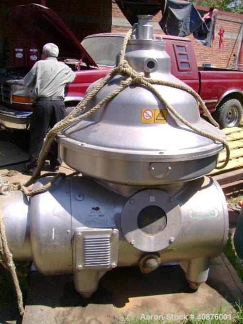 Used Westfalia MSD-60-06-076 Desludger Disc Centrifuge. 316 stainless steel construction on product contact areas. Max bowl speed 5420 rpm, clarifier design, centripetal pump liquid discharge, 37 kW ...