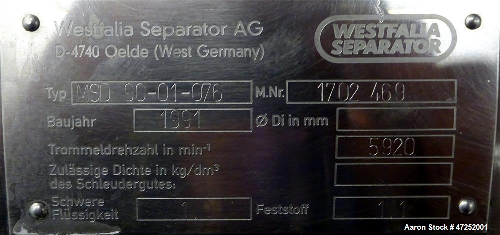 Used Westfalia MSD-90-01-076 Desludger Disc Centrifuge.