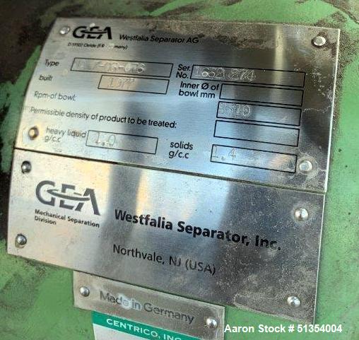 Westfalia NA-7-06-076 Desludger/Nozzle Disc Centrifuge