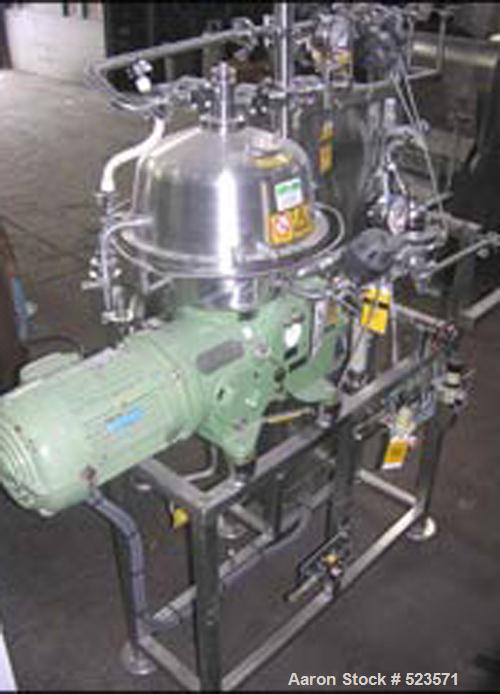 USED: Westfalia NA-7-06-576 desludger disc centrifuge, 316 stainless steel construction on product contact areas, max bowl speed 5810 rpm, clarifier design, centripetal pump liquid discharge, 7.5 hp ...
