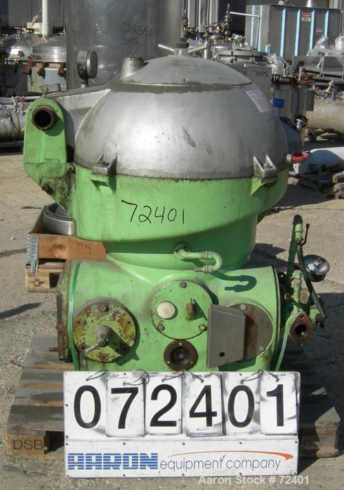 USED: Westfalia OSA-335-02-066 oil purifier disc centrifuge. Max bowl speed 6500 rpm, separator design, light phase centripetal pump, heavy phase gravity discharge, direct drive configuration, approx...