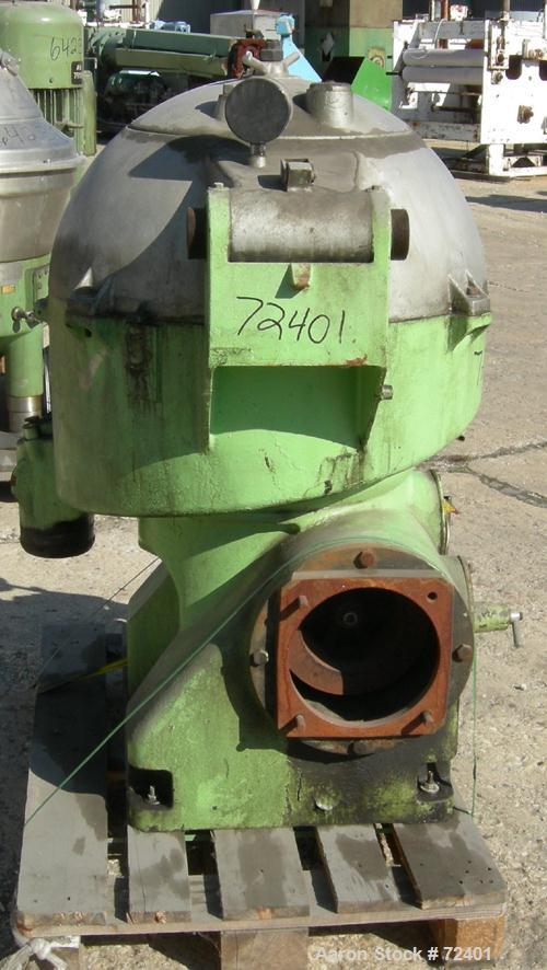 USED: Westfalia OSA-335-02-066 oil purifier disc centrifuge. Max bowl speed 6500 rpm, separator design, light phase centripetal pump, heavy phase gravity discharge, direct drive configuration, approx...