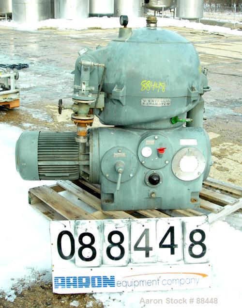 USED: Westfalia model OSA-20-03-066 oil purifier disc centrifuge. Max bowl speed 7510 rpm. Direct drive configuration 11 kw (14 hp), 3/50/500 volt, 1460 rpm drive motor. Built 1981.