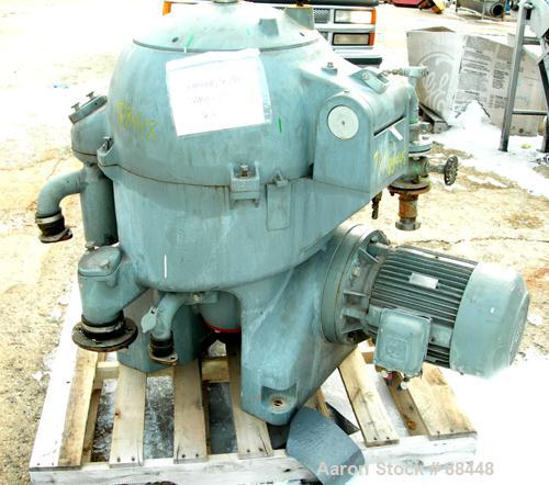 USED: Westfalia model OSA-20-03-066 oil purifier disc centrifuge. Max bowl speed 7510 rpm. Direct drive configuration 11 kw (14 hp), 3/50/500 volt, 1460 rpm drive motor. Built 1981.