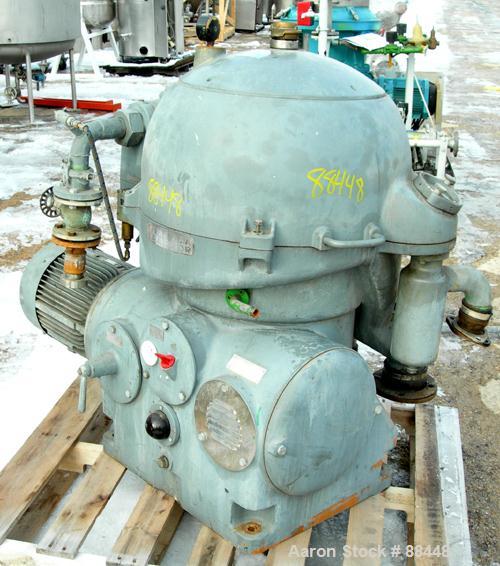 USED: Westfalia model OSA-20-03-066 oil purifier disc centrifuge. Max bowl speed 7510 rpm. Direct drive configuration 11 kw (14 hp), 3/50/500 volt, 1460 rpm drive motor. Built 1981.