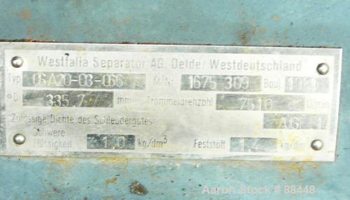 USED: Westfalia model OSA-20-03-066 oil purifier disc centrifuge. Max bowl speed 7510 rpm. Direct drive configuration 11 kw (14 hp), 3/50/500 volt, 1460 rpm drive motor. Built 1981.