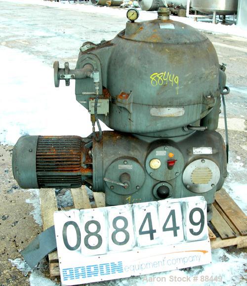 USED: Westfalia model OSA-20-03-066 oil purifier disc centrifuge. Max bowl speed 7510 rpm. Direct drive configuration 11 kw (14 hp), 3/50/500 volt, 1460 rpm drive motor. Built 1981.