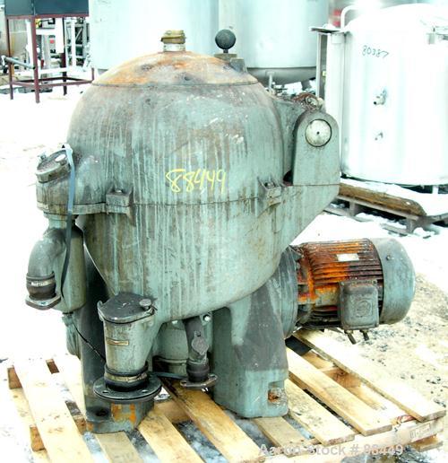 USED: Westfalia model OSA-20-03-066 oil purifier disc centrifuge. Max bowl speed 7510 rpm. Direct drive configuration 11 kw (14 hp), 3/50/500 volt, 1460 rpm drive motor. Built 1981.