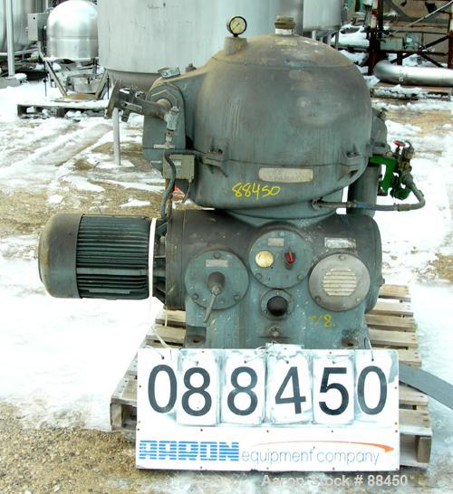 USED: Westfalia model OSA-20-03-066 oil purifier disc centrifuge. Max bowl speed 7510 rpm. Direct drive configuration 11 kw (14 hp), 3/50/500 volt, 1460 rpm drive motor. Built 1981.