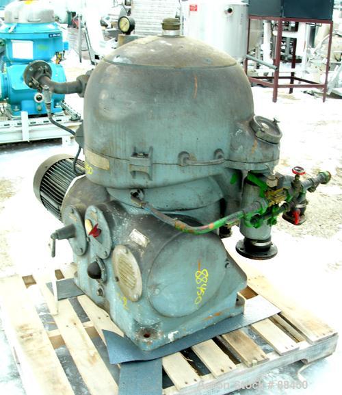 USED: Westfalia model OSA-20-03-066 oil purifier disc centrifuge. Max bowl speed 7510 rpm. Direct drive configuration 11 kw (14 hp), 3/50/500 volt, 1460 rpm drive motor. Built 1981.