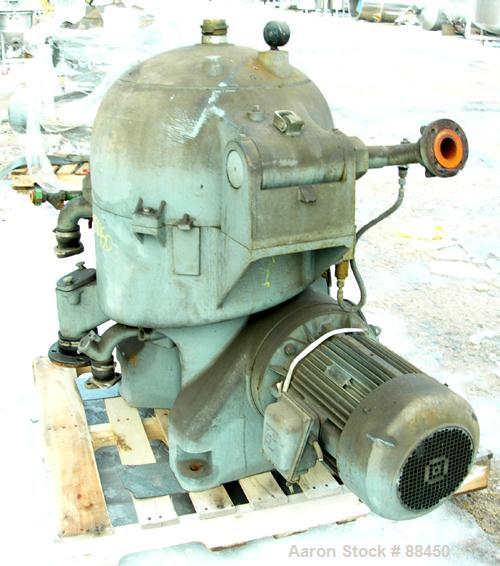 USED: Westfalia model OSA-20-03-066 oil purifier disc centrifuge. Max bowl speed 7510 rpm. Direct drive configuration 11 kw (14 hp), 3/50/500 volt, 1460 rpm drive motor. Built 1981.