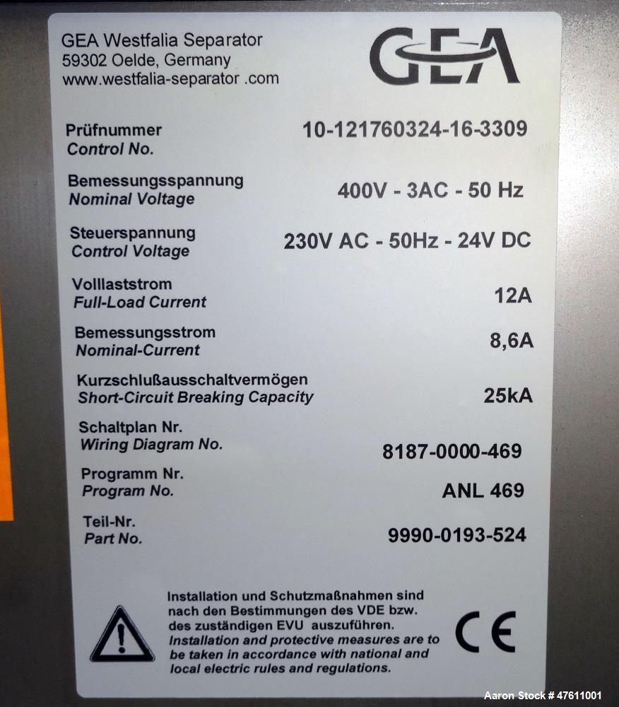 Used Westfalia PSC-5-06-177 Ultra Polishing Desludger Disc Centrifuge.