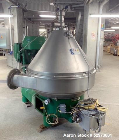 Used GEA Westfalia Profi 400/GSE 400 Desludger Disc Centrifuge. 316 Stainless steel construction (product contact areas). Clarifier design (liquid/solids separation), centripetal pump liquid discharg...