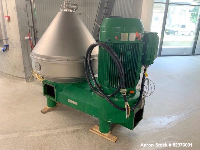 Used GEA Westfalia Profi 400/GSE 400 Desludger Disc Centrifuge. 316 Stainless steel construction (product contact areas). Clarifier design (liquid/solids separation), centripetal pump liquid discharg...