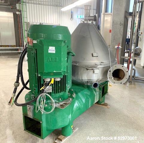 Used GEA Westfalia Profi 400/GSE 400 Desludger Disc Centrifuge. 316 Stainless steel construction (product contact areas). Clarifier design (liquid/solids separation), centripetal pump liquid discharg...