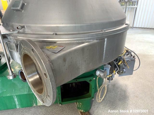 Used GEA Westfalia Profi 400/GSE 400 Desludger Disc Centrifuge. 316 Stainless steel construction (product contact areas). Clarifier design (liquid/solids separation), centripetal pump liquid discharg...