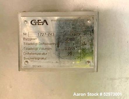 Used GEA Westfalia Profi 400/GSE 400 Desludger Disc Centrifuge. 316 Stainless steel construction (product contact areas). Clarifier design (liquid/solids separation), centripetal pump liquid discharg...
