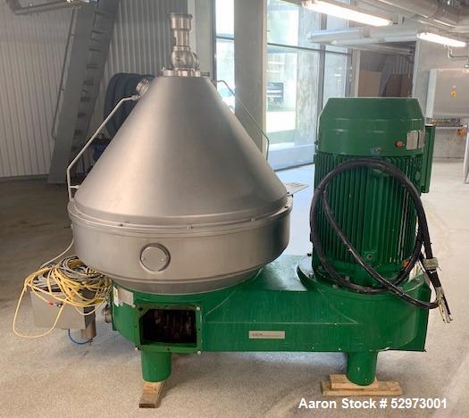 Used GEA Westfalia Profi 400/GSE 400 Desludger Disc Centrifuge. 316 Stainless steel construction (product contact areas). Clarifier design (liquid/solids separation), centripetal pump liquid discharg...