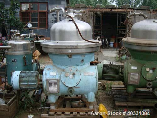 Used Westfalia separator, type RSA60-01-076. Material of construction is 316 stainless steel. Max bowl speed 6450 rpm by a 22.5 hp/15 kw-380 volt/50 cycle/3 ph motor. Includes sludge tank.
