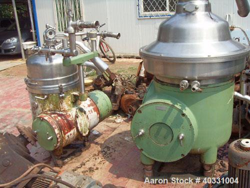 Used Westfalia separator, type RSA60-01-076. Material of construction is 316 stainless steel. Max bowl speed 6450 rpm by a 22.5 hp/15 kw-380 volt/50 cycle/3 ph motor. Includes sludge tank.