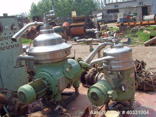 Used Westfalia separator, type RSA60-01-076. Material of construction is 316 stainless steel. Max bowl speed 6450 rpm by a 22.5 hp/15 kw-380 volt/50 cycle/3 ph motor. Includes sludge tank.
