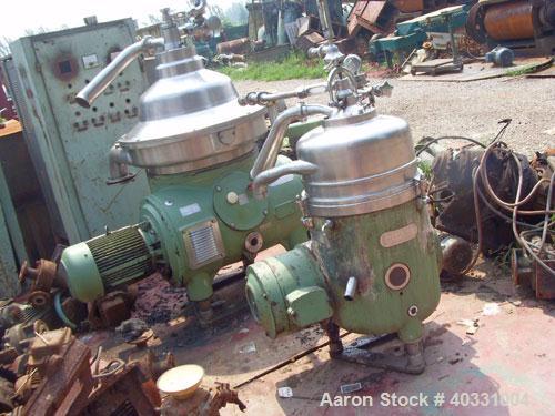 Used Westfalia separator, type RSA60-01-076. Material of construction is 316 stainless steel. Max bowl speed 6450 rpm by a 22.5 hp/15 kw-380 volt/50 cycle/3 ph motor. Includes sludge tank.