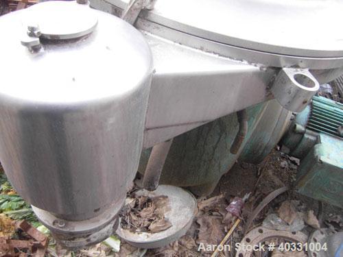Used Westfalia separator, type RSA60-01-076. Material of construction is 316 stainless steel. Max bowl speed 6450 rpm by a 22.5 hp/15 kw-380 volt/50 cycle/3 ph motor. Includes sludge tank.