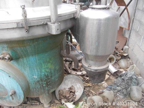 Used Westfalia separator, type RSA60-01-076. Material of construction is 316 stainless steel. Max bowl speed 6450 rpm by a 22.5 hp/15 kw-380 volt/50 cycle/3 ph motor. Includes sludge tank.