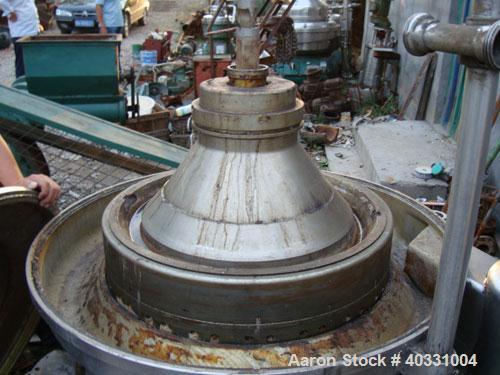 Used Westfalia separator, type RSA60-01-076. Material of construction is 316 stainless steel. Max bowl speed 6450 rpm by a 22.5 hp/15 kw-380 volt/50 cycle/3 ph motor. Includes sludge tank.