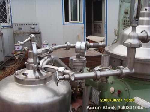 Used Westfalia separator, type RSA60-01-076. Material of construction is 316 stainless steel. Max bowl speed 6450 rpm by a 22.5 hp/15 kw-380 volt/50 cycle/3 ph motor. Includes sludge tank.