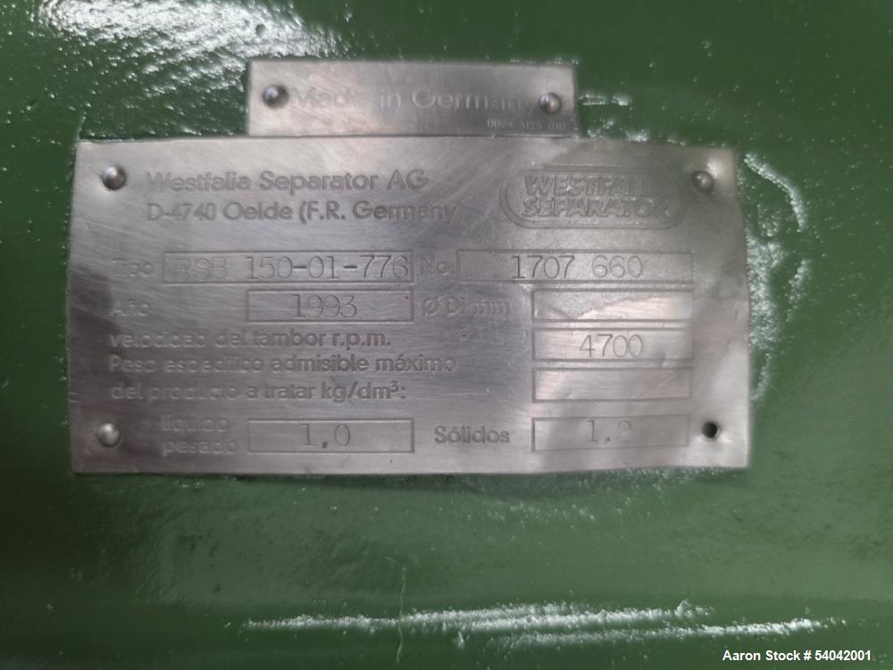 Used Westfalia RSB 150-01-776 Self-Cleaning Disc Stack Centrifuge – 300 TPD, Dual Discharge, CIP, Edible Oils