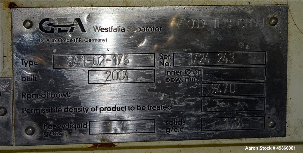 Used Westfalia SA-1-02-175 Desludger Disc Centrifuge.