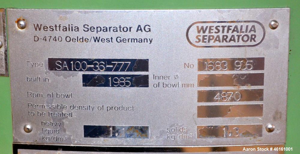 Used Westfalia SA-100-36-177 Desludger Disc Centrifuge