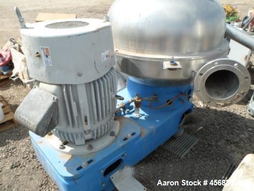 Used Westfalia SA-100 Desludger Disc Centrifuge. 316 Stainless steel construction (product contact areas). Separator design (liquid/liquid/solids separation). Centripetal pump and gravity overflow li...