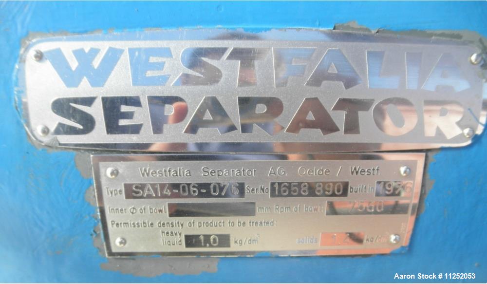 Used- Westfalia SA-14-06-076 Desludger Disc Centrifug. Stainless steel construction (product contact areas). Max bowl speed ...