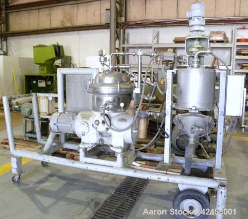 Used Westfalia SA-14-06-076 Desludger Disc Centrifuge, 316 stainless steel construction on product contact areas. Maximum bowl speed 7560 rpm, clarifier design (liquid/solids), centripetal pump liqui...