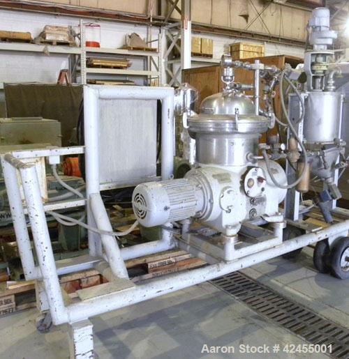 Used Westfalia SA-14-06-076 Desludger Disc Centrifuge, 316 stainless steel construction on product contact areas. Maximum bowl speed 7560 rpm, clarifier design (liquid/solids), centripetal pump liqui...