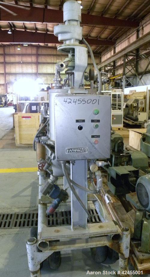 Used Westfalia SA-14-06-076 Desludger Disc Centrifuge, 316 stainless steel construction on product contact areas. Maximum bowl speed 7560 rpm, clarifier design (liquid/solids), centripetal pump liqui...