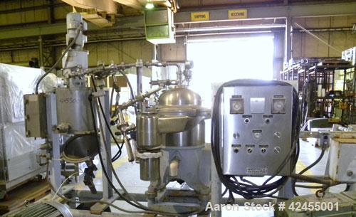 Used Westfalia SA-14-06-076 Desludger Disc Centrifuge, 316 stainless steel construction on product contact areas. Maximum bowl speed 7560 rpm, clarifier design (liquid/solids), centripetal pump liqui...