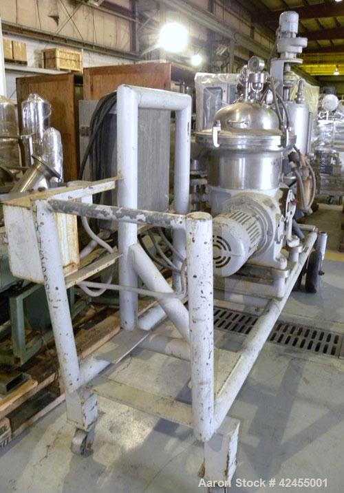 Used Westfalia SA-14-06-076 Desludger Disc Centrifuge, 316 stainless steel construction on product contact areas. Maximum bowl speed 7560 rpm, clarifier design (liquid/solids), centripetal pump liqui...