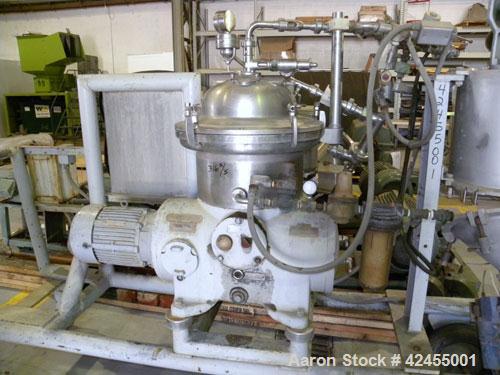 Used Westfalia SA-14-06-076 Desludger Disc Centrifuge, 316 stainless steel construction on product contact areas. Maximum bowl speed 7560 rpm, clarifier design (liquid/solids), centripetal pump liqui...