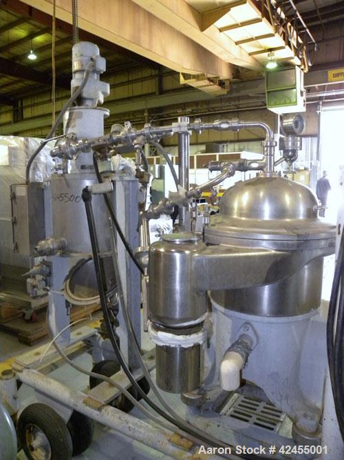 Used Westfalia SA-14-06-076 Desludger Disc Centrifuge, 316 stainless steel construction on product contact areas. Maximum bowl speed 7560 rpm, clarifier design (liquid/solids), centripetal pump liqui...