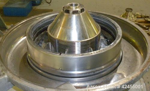 Used Westfalia SA-14-06-076 Desludger Disc Centrifuge, 316 stainless steel construction on product contact areas. Maximum bowl speed 7560 rpm, clarifier design (liquid/solids), centripetal pump liqui...
