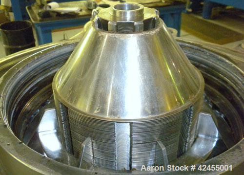 Used Westfalia SA-14-06-076 Desludger Disc Centrifuge, 316 stainless steel construction on product contact areas. Maximum bowl speed 7560 rpm, clarifier design (liquid/solids), centripetal pump liqui...