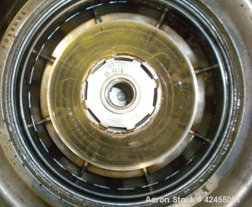 Used Westfalia SA-14-06-076 Desludger Disc Centrifuge, 316 stainless steel construction on product contact areas. Maximum bowl speed 7560 rpm, clarifier design (liquid/solids), centripetal pump liqui...