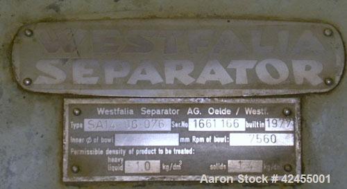 Used Westfalia SA-14-06-076 Desludger Disc Centrifuge, 316 stainless steel construction on product contact areas. Maximum bowl speed 7560 rpm, clarifier design (liquid/solids), centripetal pump liqui...