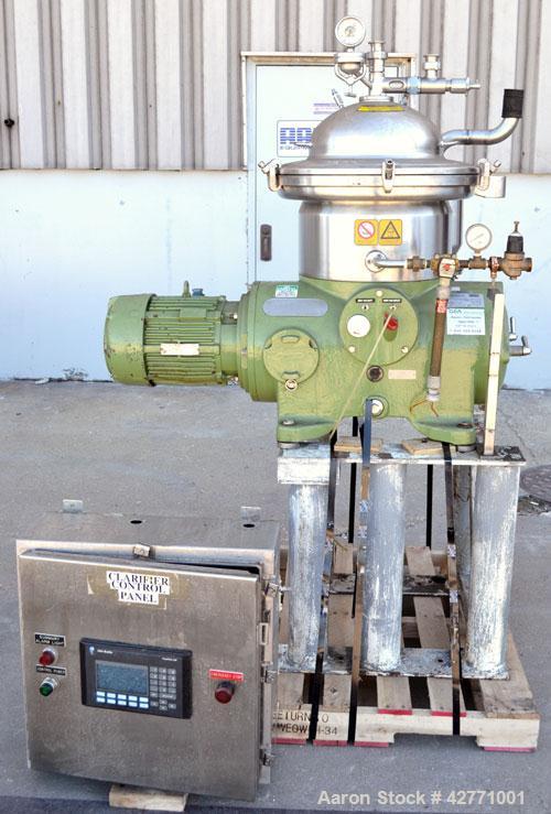 Used Westfalia SA-14-06-076 Desludger Disc Centrifuge, 329 Stainless steel construction on product contact areas. Maximum bowl speed 7560 rpm, clarifier design (liquid/solids separation), centripetal...