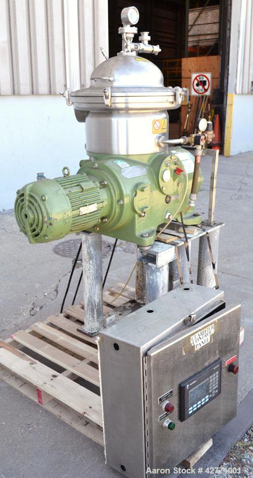 Used Westfalia SA-14-06-076 Desludger Disc Centrifuge, 329 Stainless steel construction on product contact areas. Maximum bowl speed 7560 rpm, clarifier design (liquid/solids separation), centripetal...